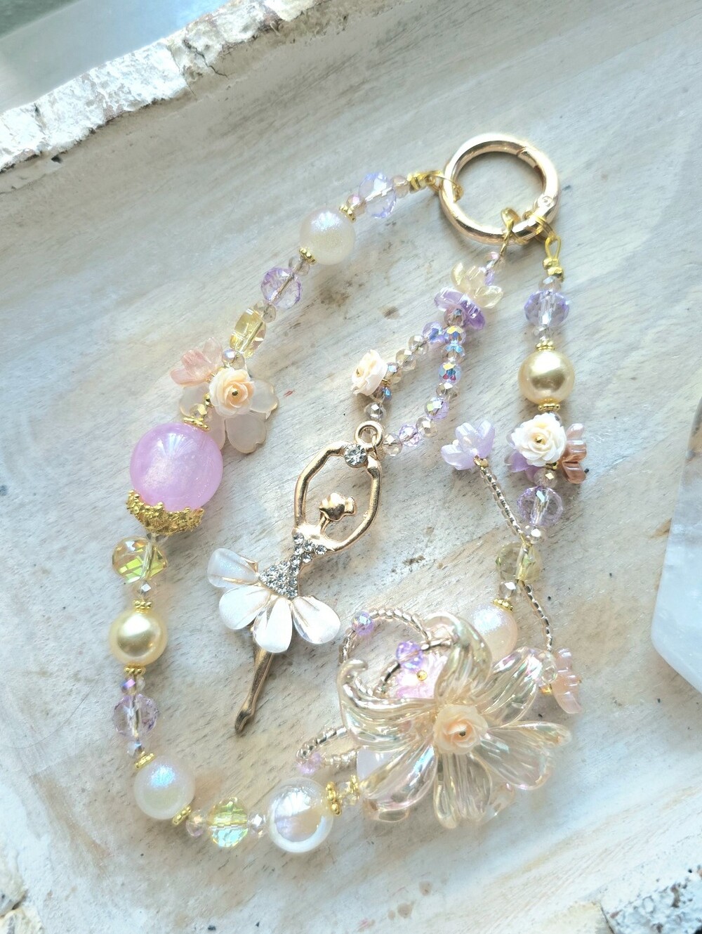 NWT Handcrafted Phone Charm Pink Ballerina Centered and Glass Crystal Flower
